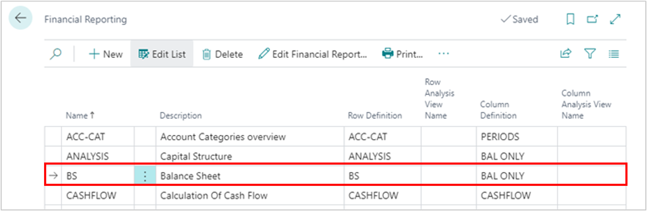 Shows a balance sheet selection in financial reporting.